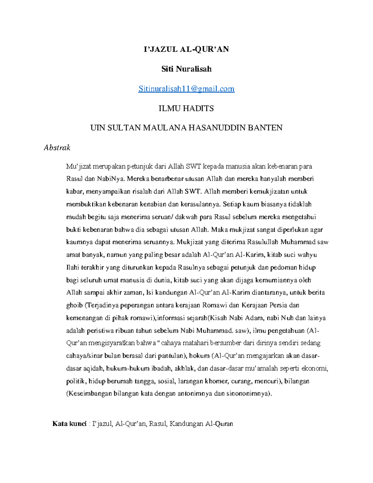 Ijazul qur'an - qwertyuikl;' - I’JAZUL AL-QUR’AN Siti Nuralisah ...