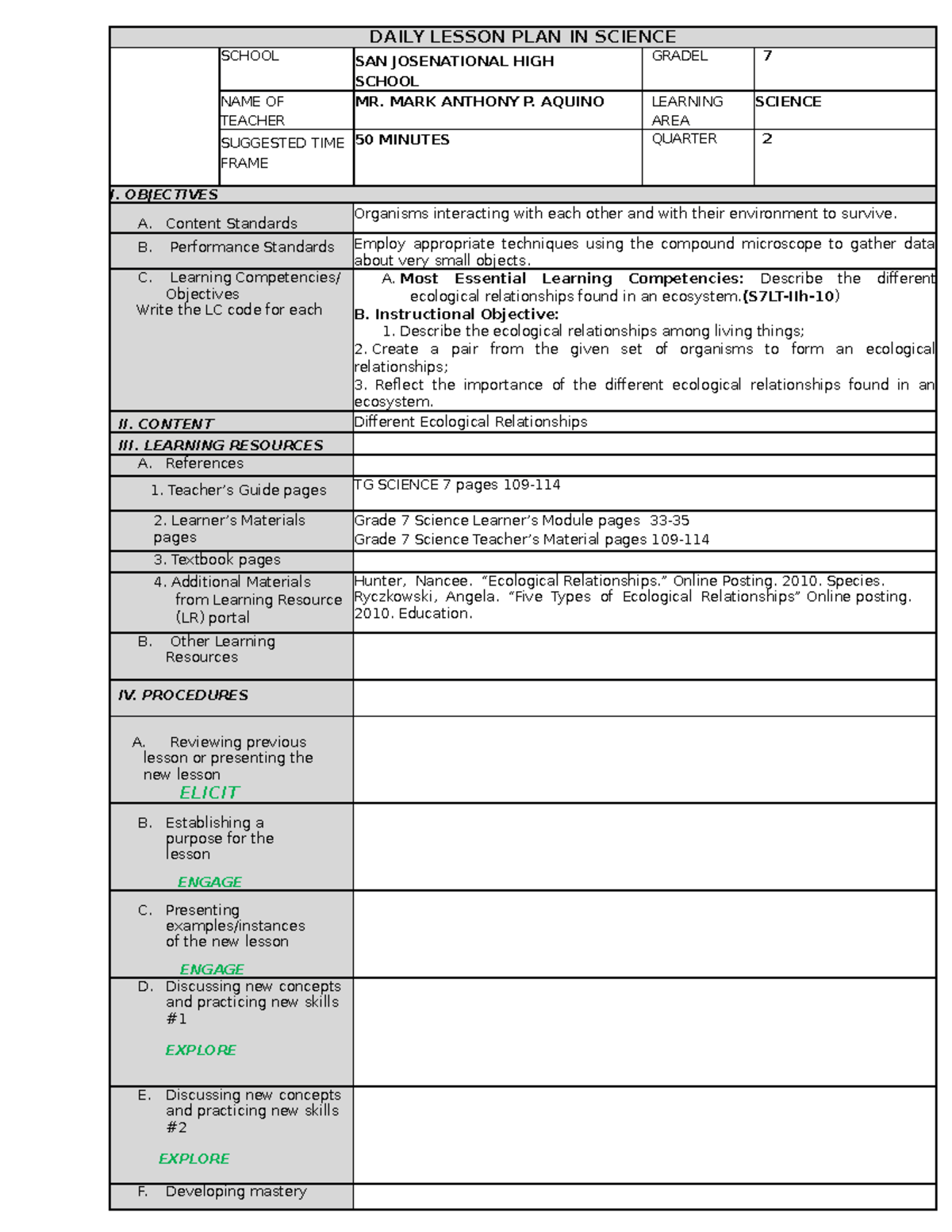 Detailed Lesson PLAN FOR Observation Pattern REAL - DAILY LESSON PLAN ...