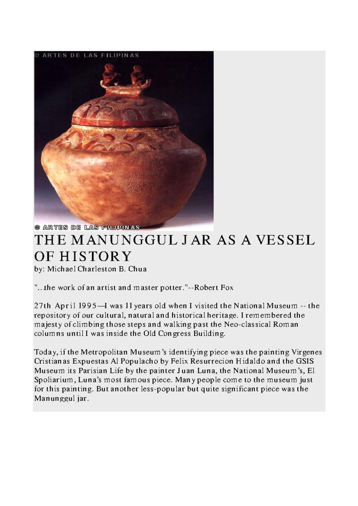 Readings in Philippine History Reviewer Materials THE MANUNGGUL JAR AS A VESSEL OF HISTORY