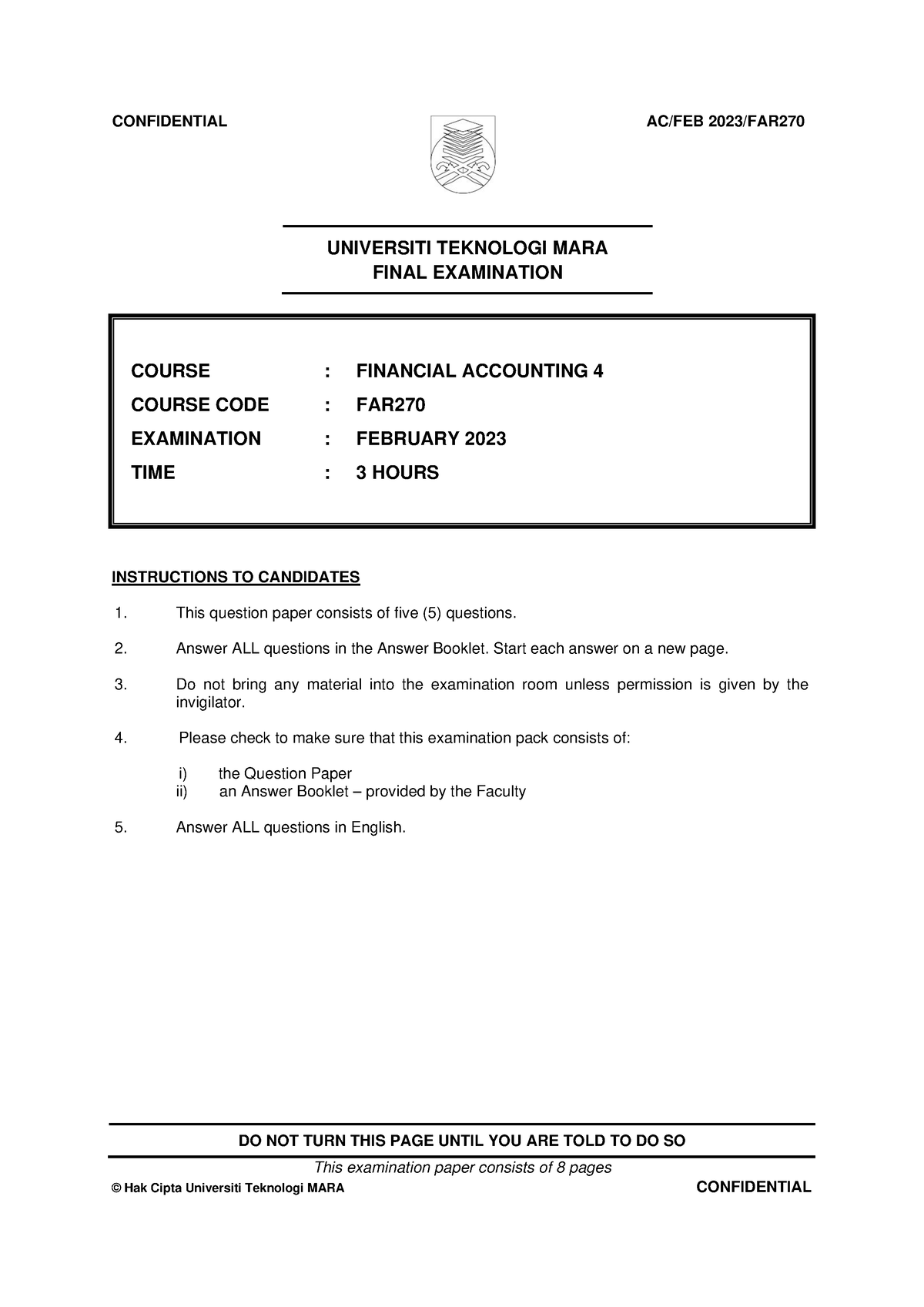 PAST QUESTION UITM FAR270 FEB 2023 - UNIVERSITI TEKNOLOGI MARA FINAL ...