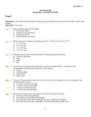 Sample/practice Exam 2011, Questions And Answers - Astronomy 301 Spring ...