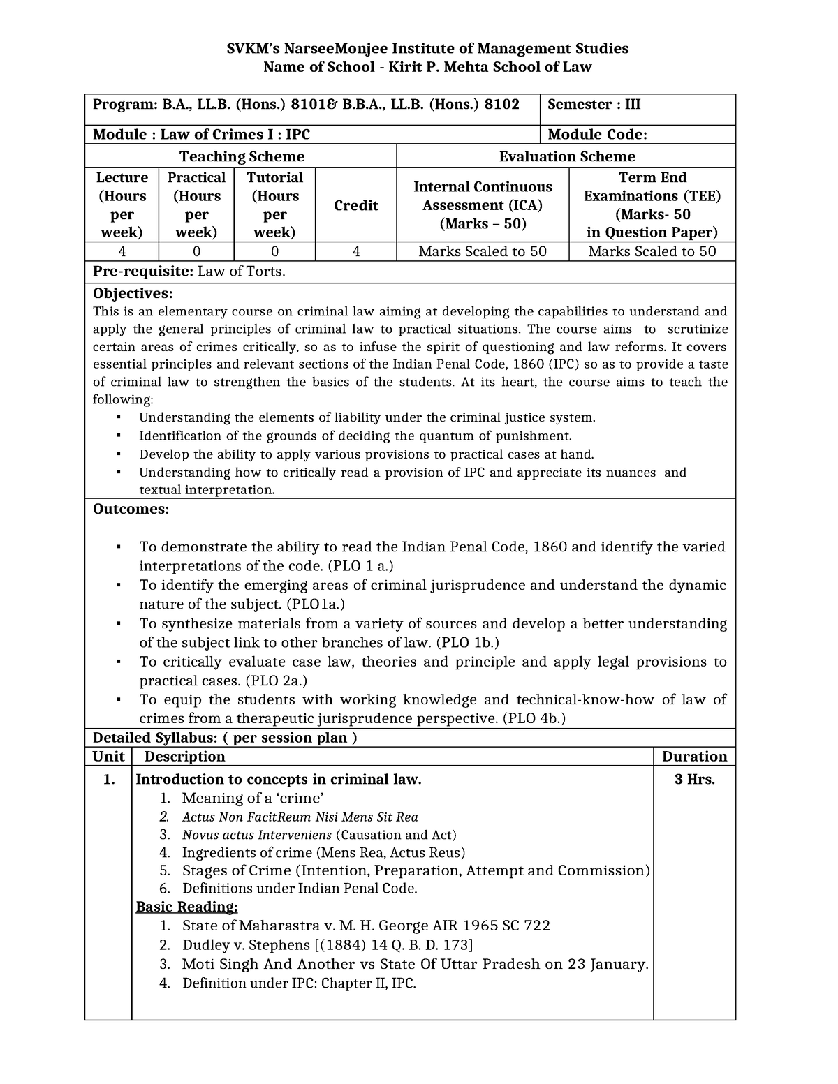 Course Outlines Sem III Law of Crimes I (IPC) copy - Name of School ...