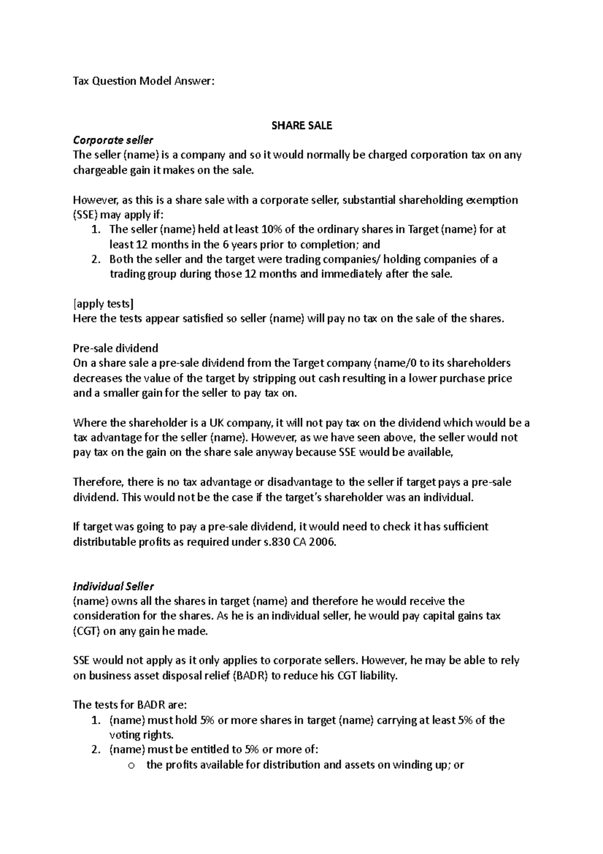 Tax Question Model Answer - Tax Question Model Answer: SHARE SALE ...