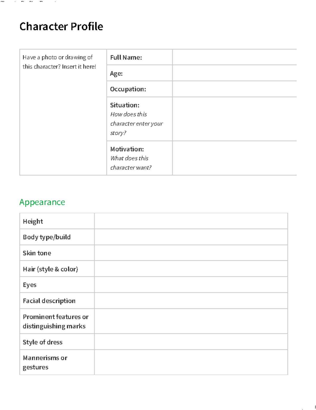 Character sheet - Character Profile Appearance Have a photo or drawing ...