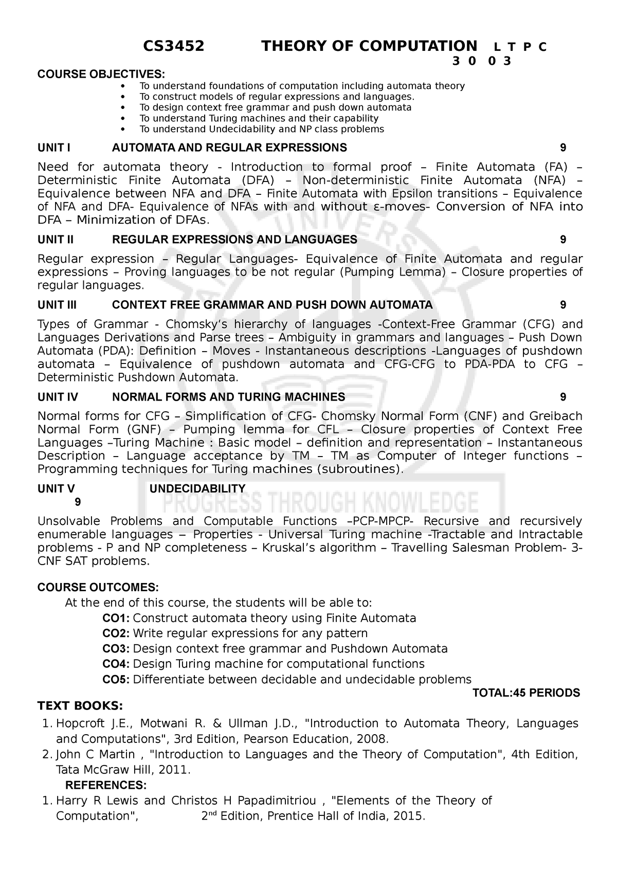 Toc Syllabus - CS3452 THEORY OF COMPUTATION L T P C 3 0 0 3 COURSE ...