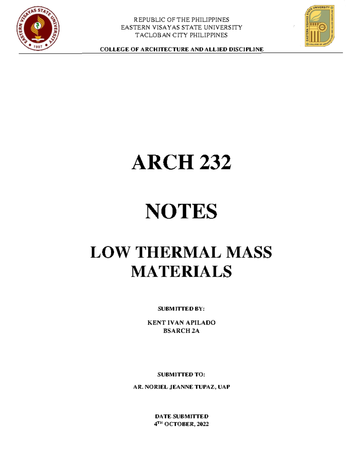 LOW Thermal NotesFROM 2A ARCH 232 NOTES LOW THERMAL MASS MATERIALS