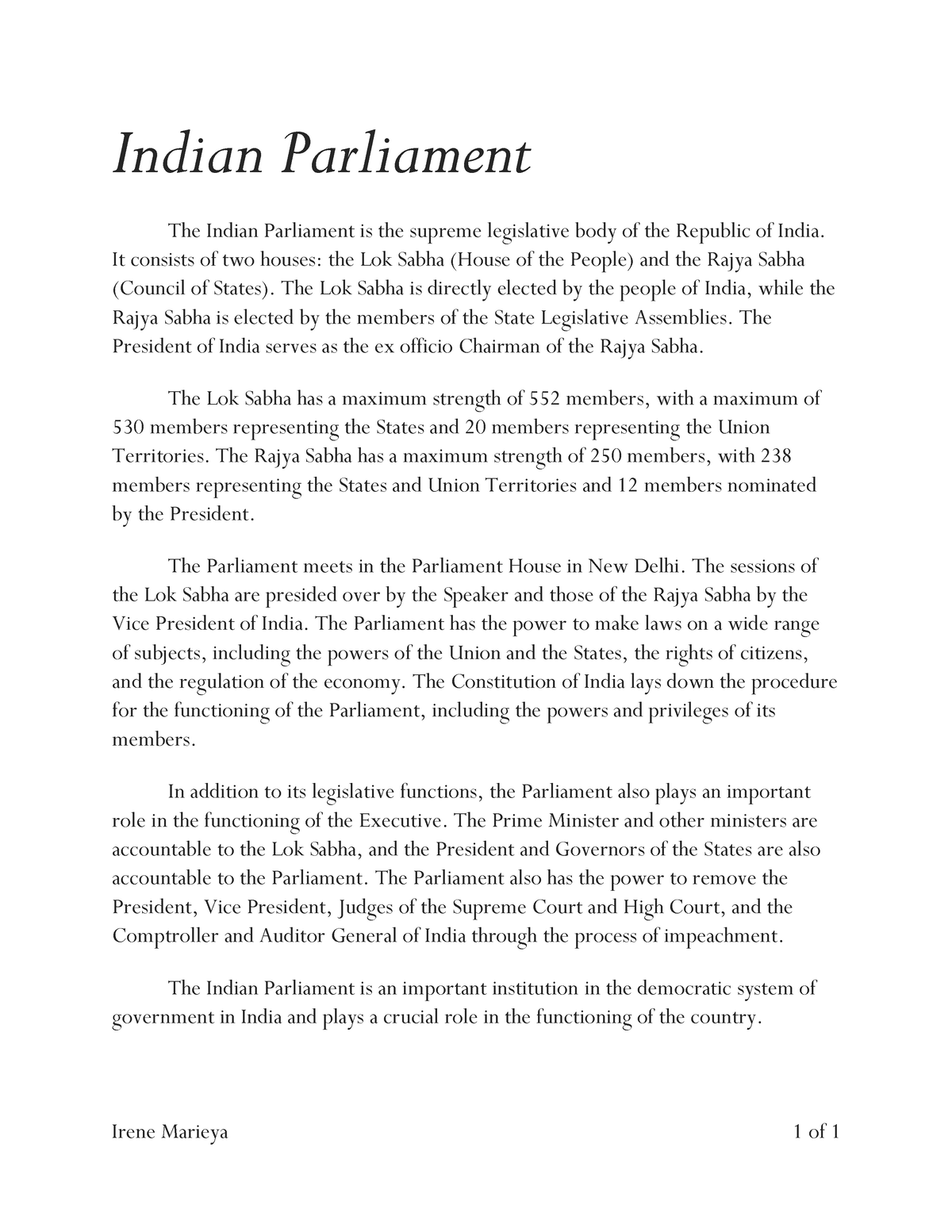 essay about indian parliament