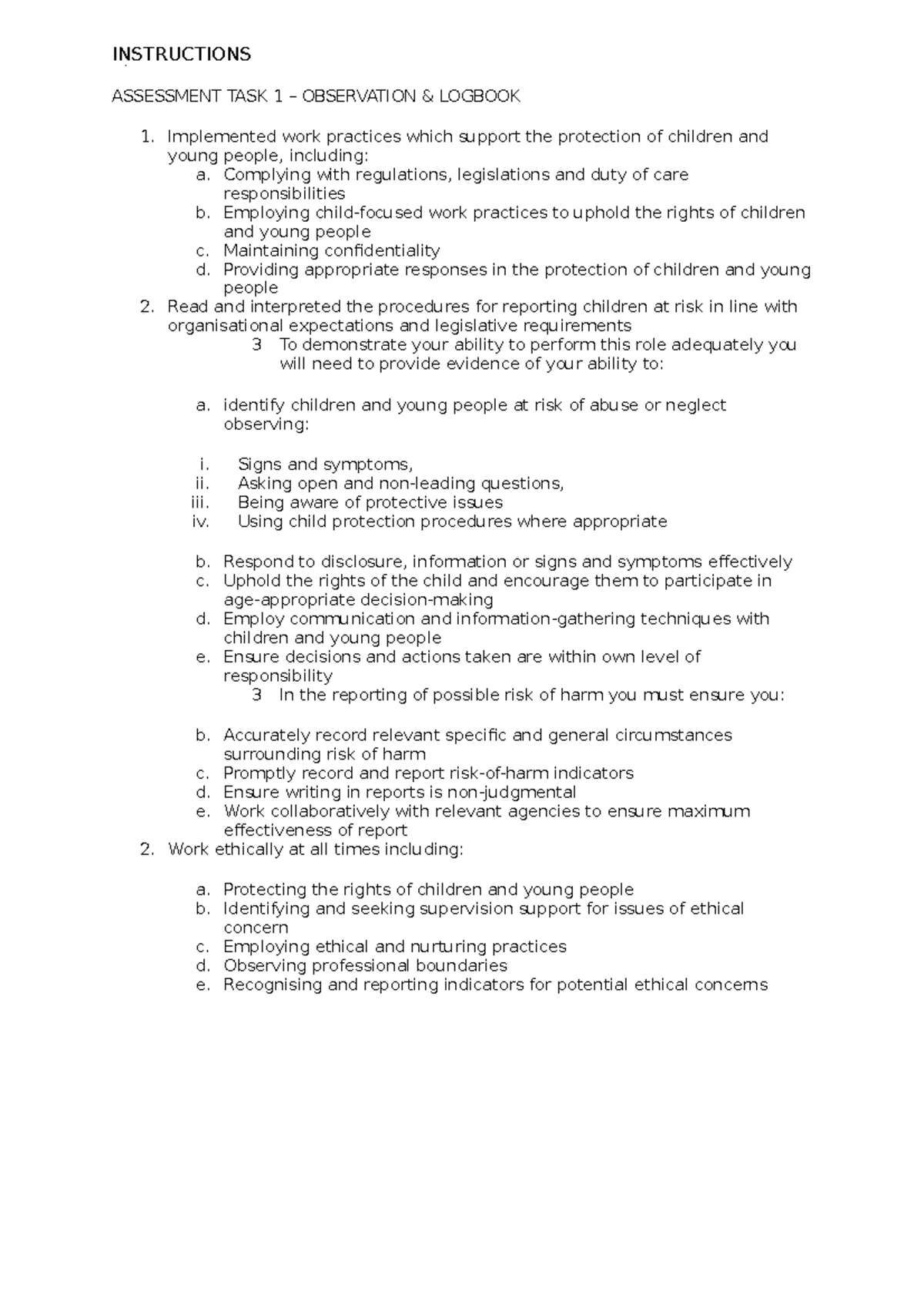 Chcprt 001 instructions - INSTRUCTIONS ASSESSMENT TASK 1 – OBSERVATION ...