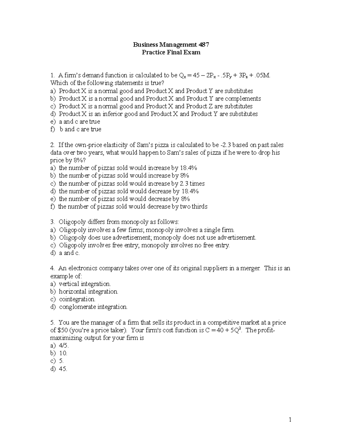 Bus M 487 Practice Final Questions 18 Business Management 487