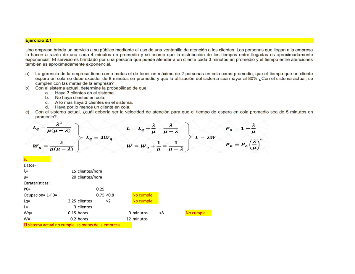 Solución De Problemas De Teoria De Colas 202301 - A. Datos= λ= 15 ...