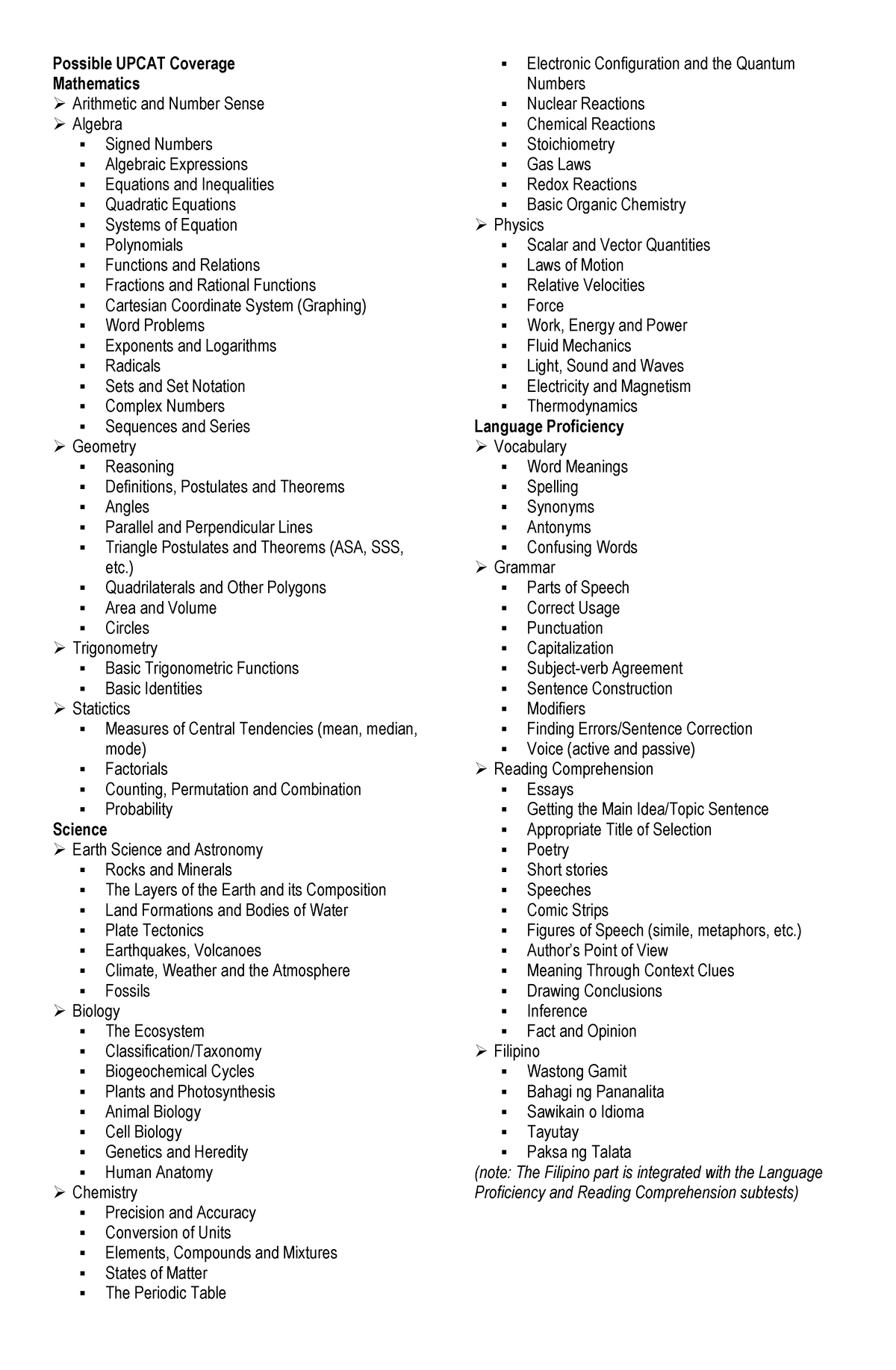 Possible Upcat Coverage - Possible UPCAT Coverage Mathematics ...