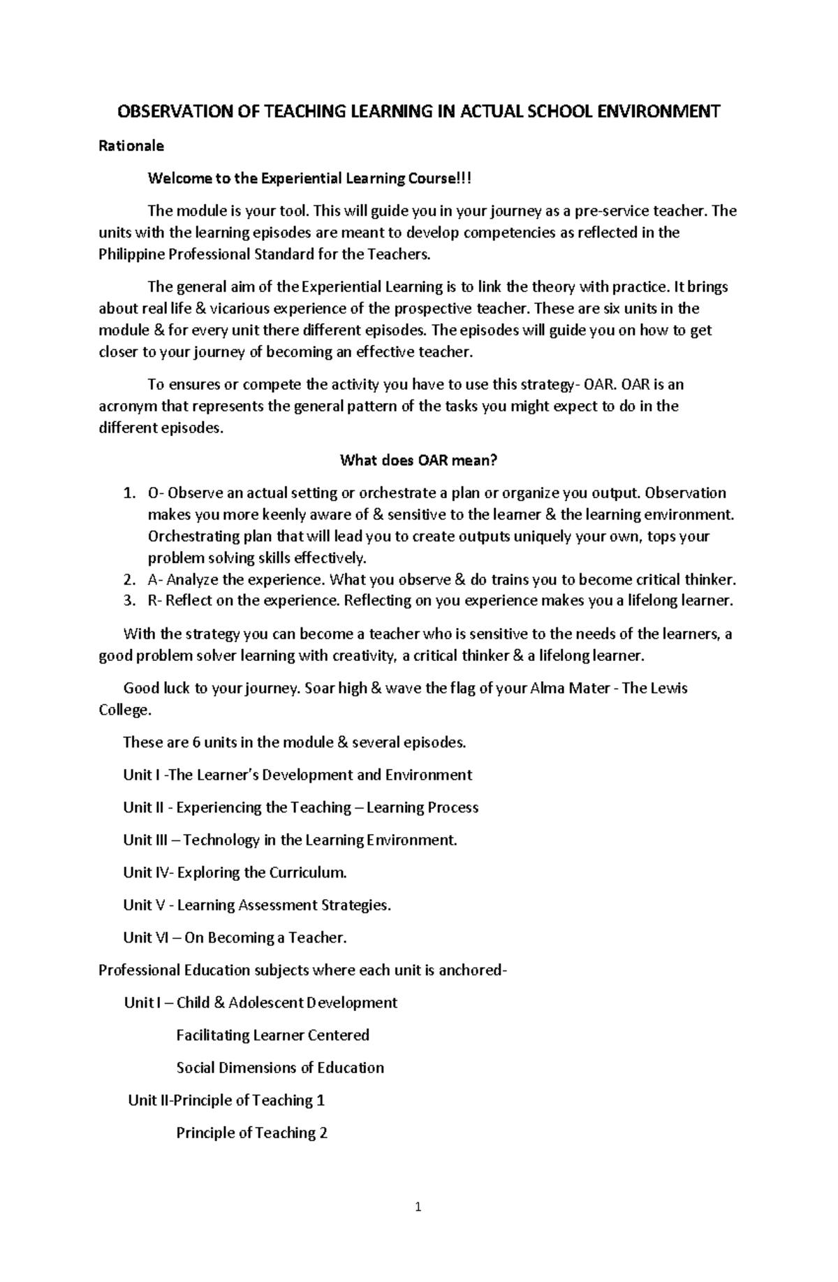 Observation of teaching Learning in Actual School Environment ...