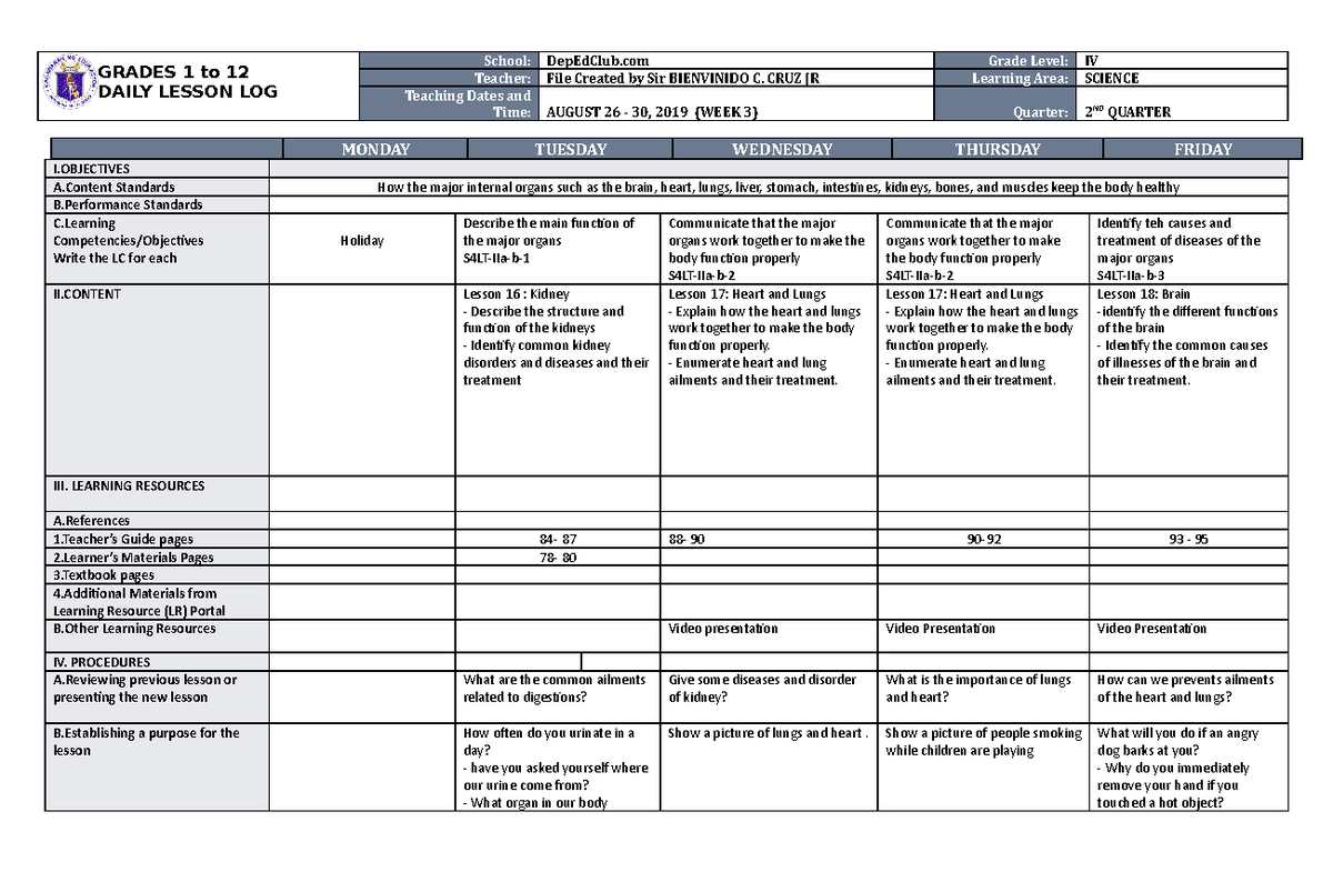 DLL Science 4 Q2 W3 - Helpful material - GRADES 1 to 12 DAILY LESSON ...