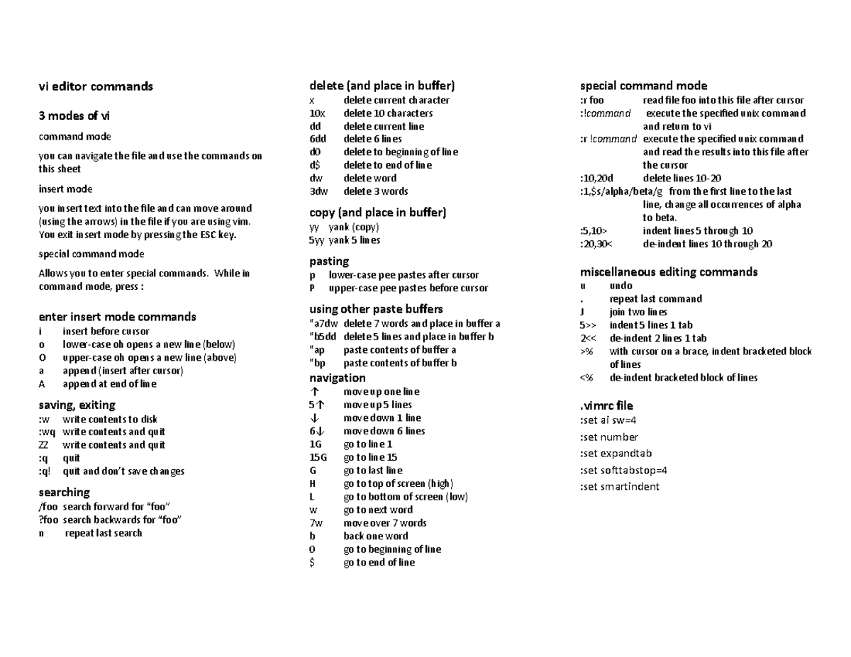 Vi Cheat Sheet - Good - Communication Networks - Studocu