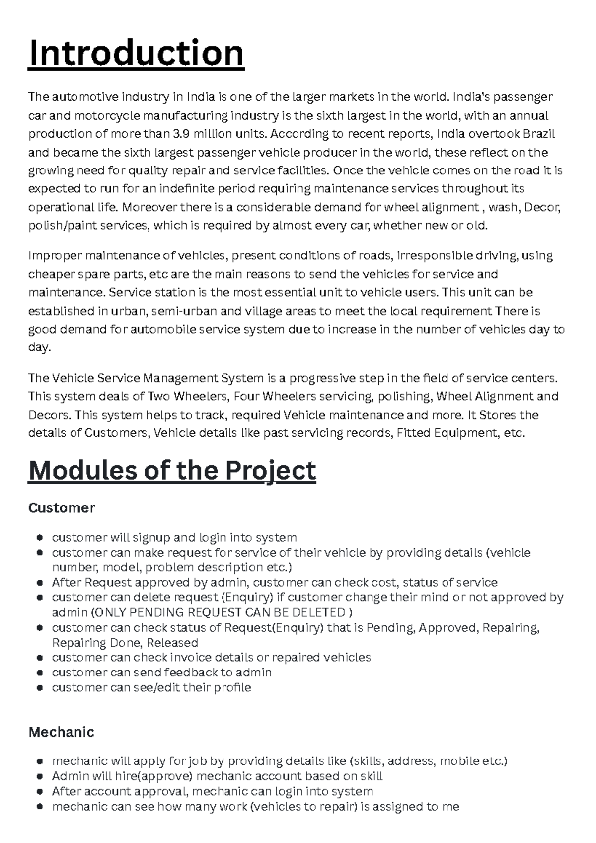 Vehicle service management system - Introduction The automotive ...