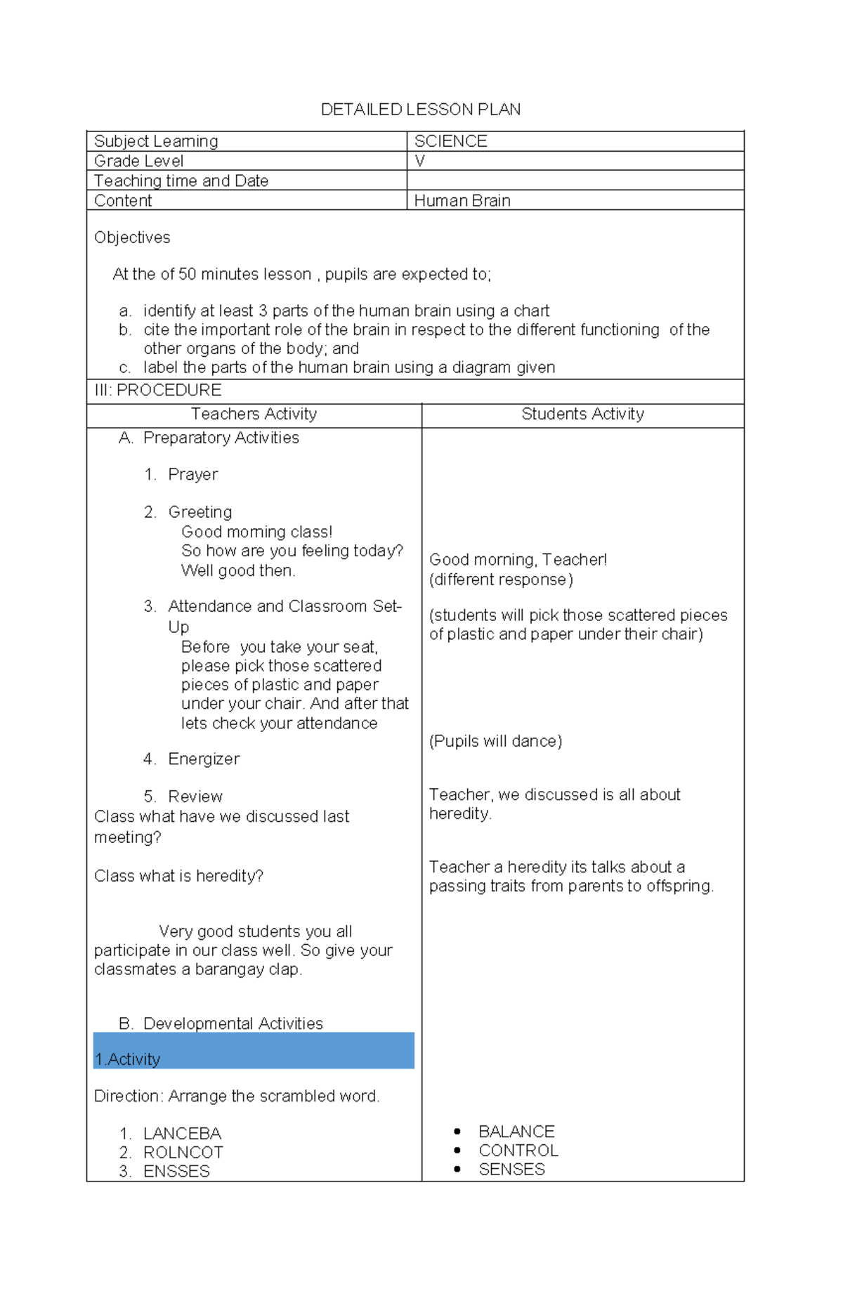 Science-Lesson-Plan - DETAILED LESSON PLAN Subject Learning SCIENCE ...