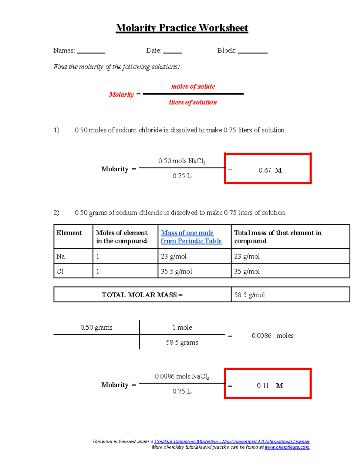Molarity Practice Worksheet - Molarity Practice Worksheet Names: Date