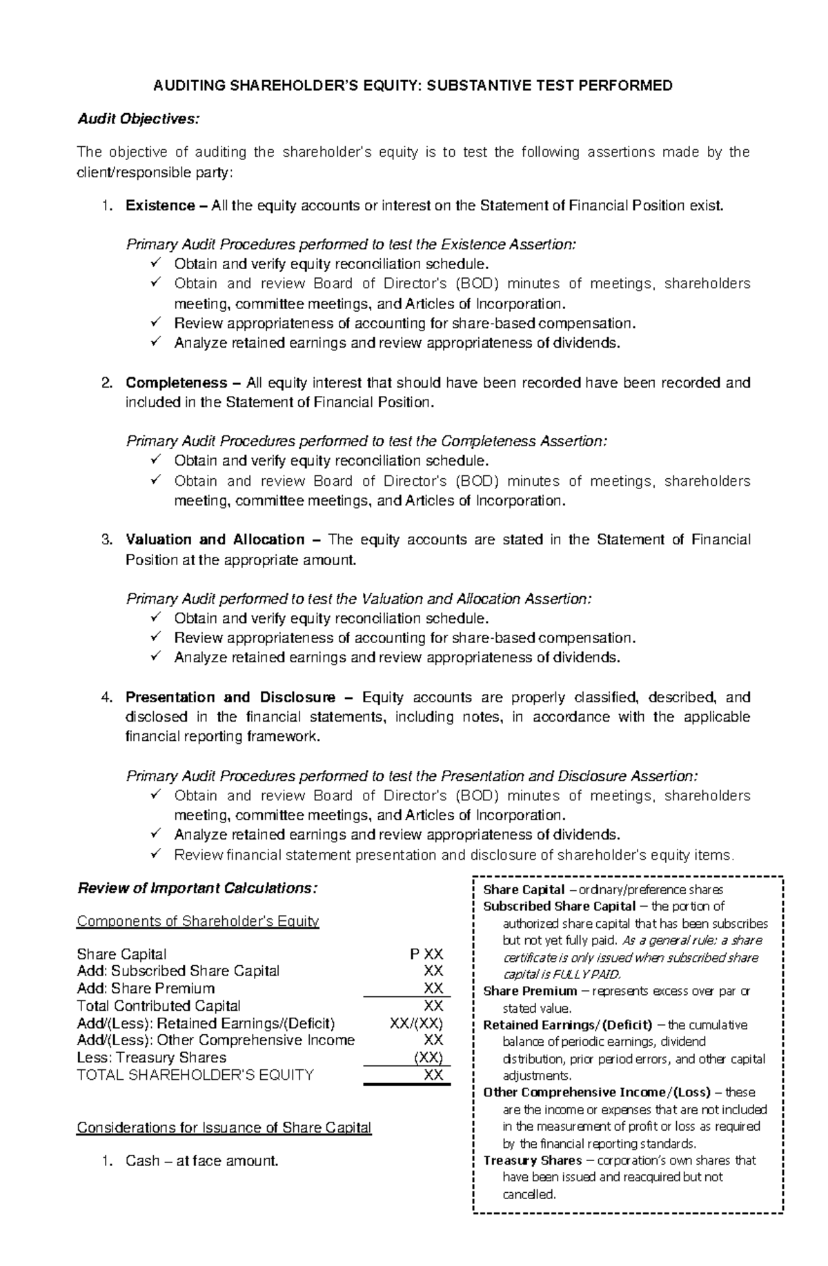 [ACC 154] Auditing SHE 1 - AUDITING SHAREHOLDER’S EQUITY: SUBSTANTIVE ...