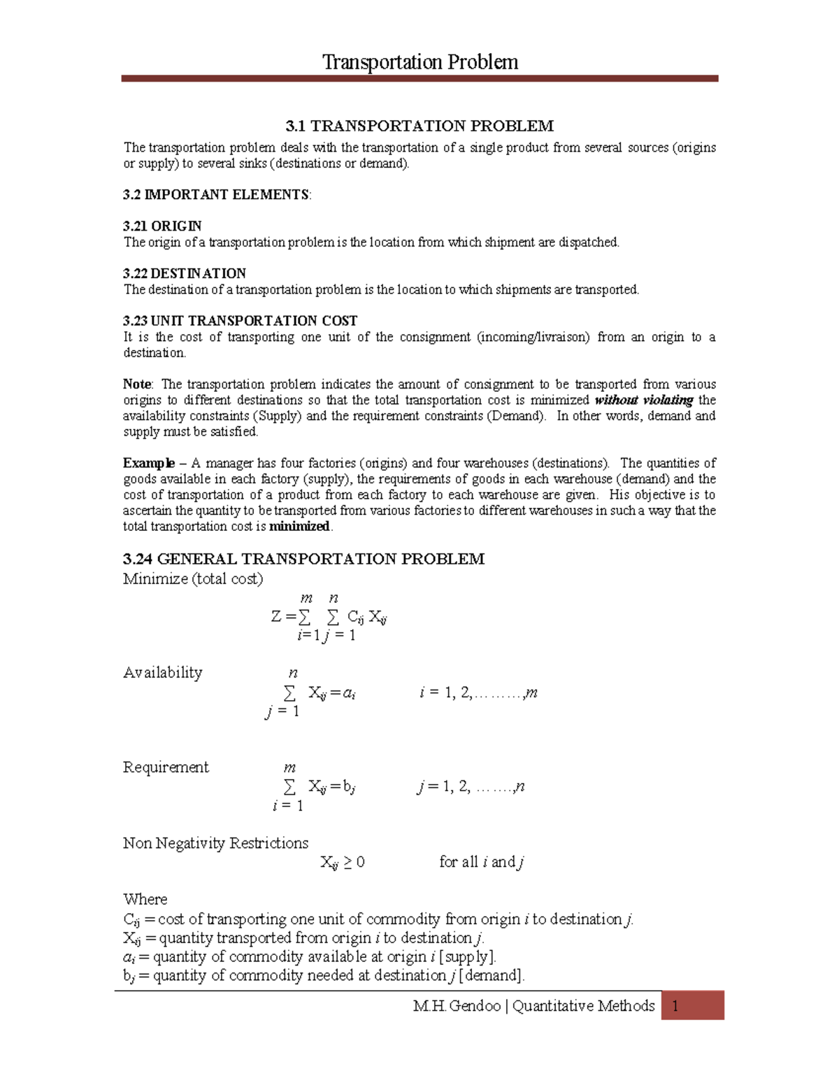 Chapter 3 - Transportation Problem (Student) Quantitative a - 3 .1 ...
