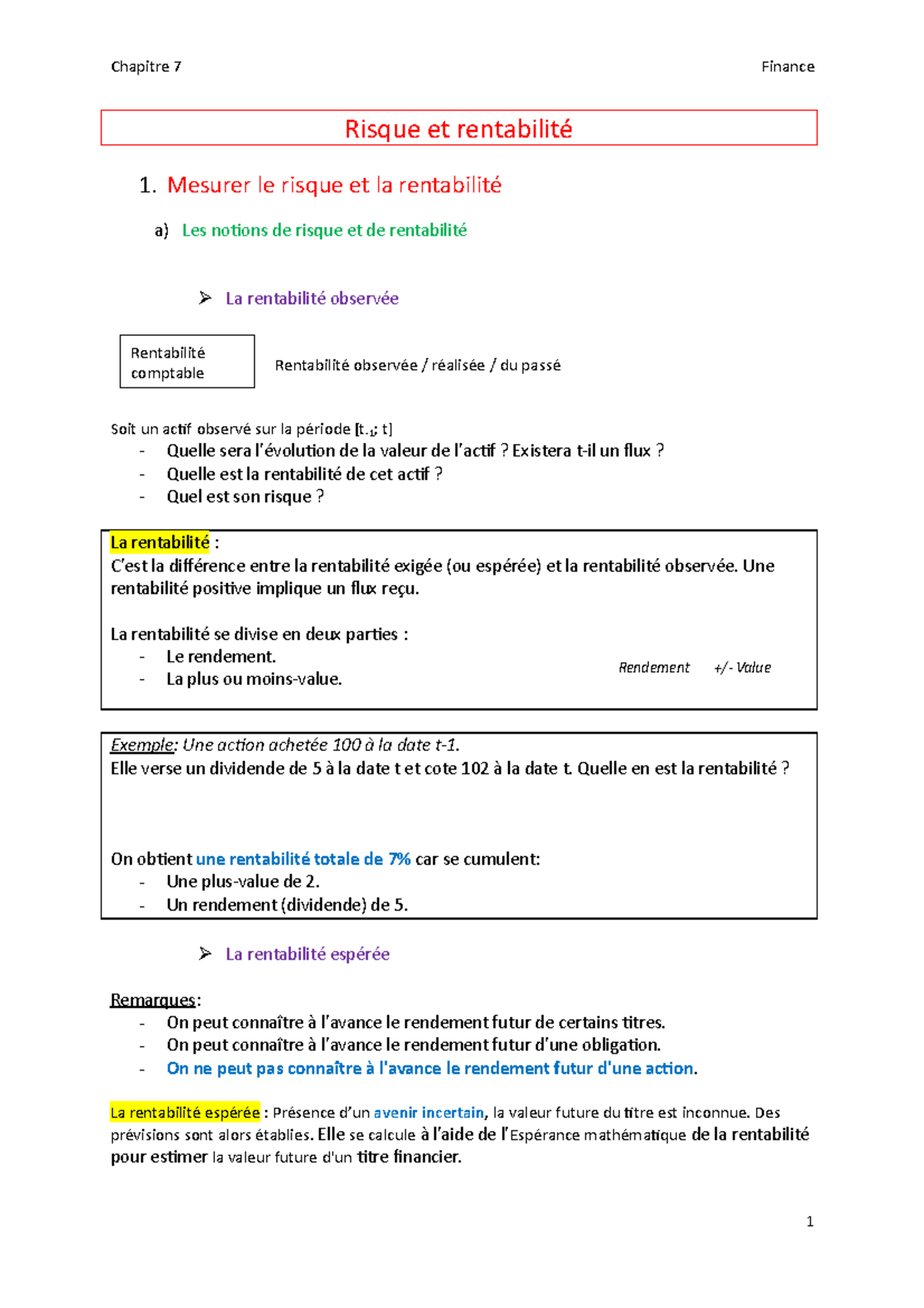 Finance - Chapitre 7 - fiche - Risque et rentabilité 1. Mesurer le ...