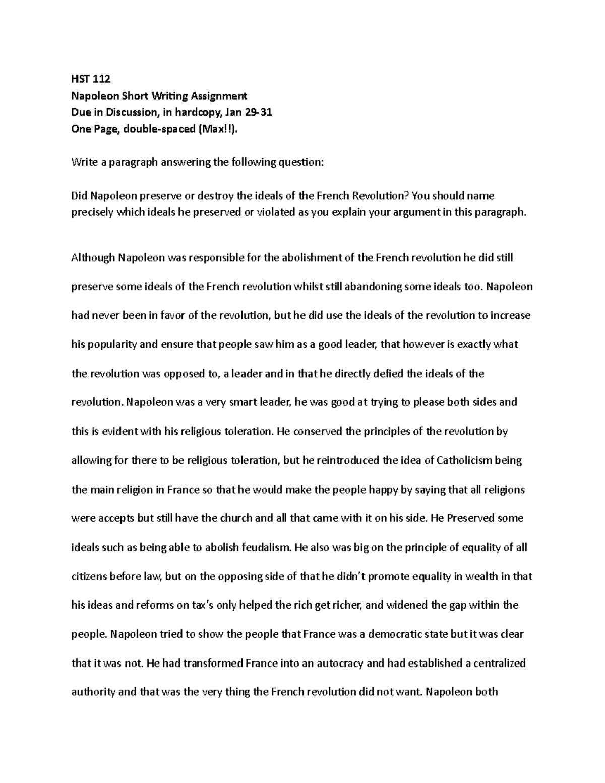 HST 112 Proposed Napoleon Writing Assignment - HST 112 Napoleon Short  Writing Assignment Due in - StuDocu