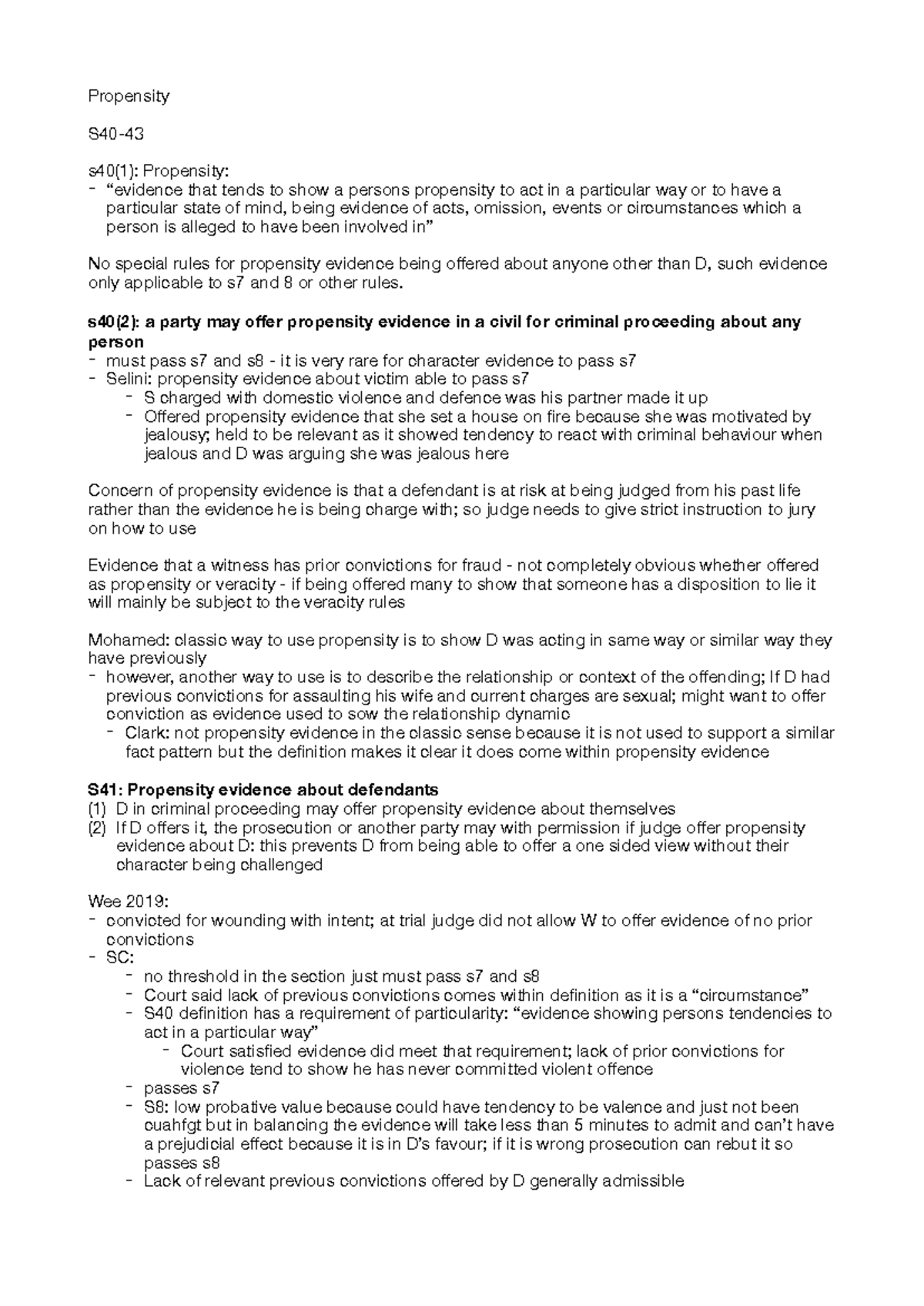 Propensity - Summary Law of Evidence - Propensity S40- s40(1 ...