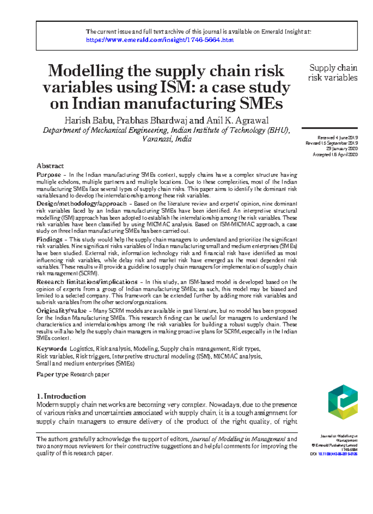 Modelling the supply chain risk variables using ISM A case study on ...