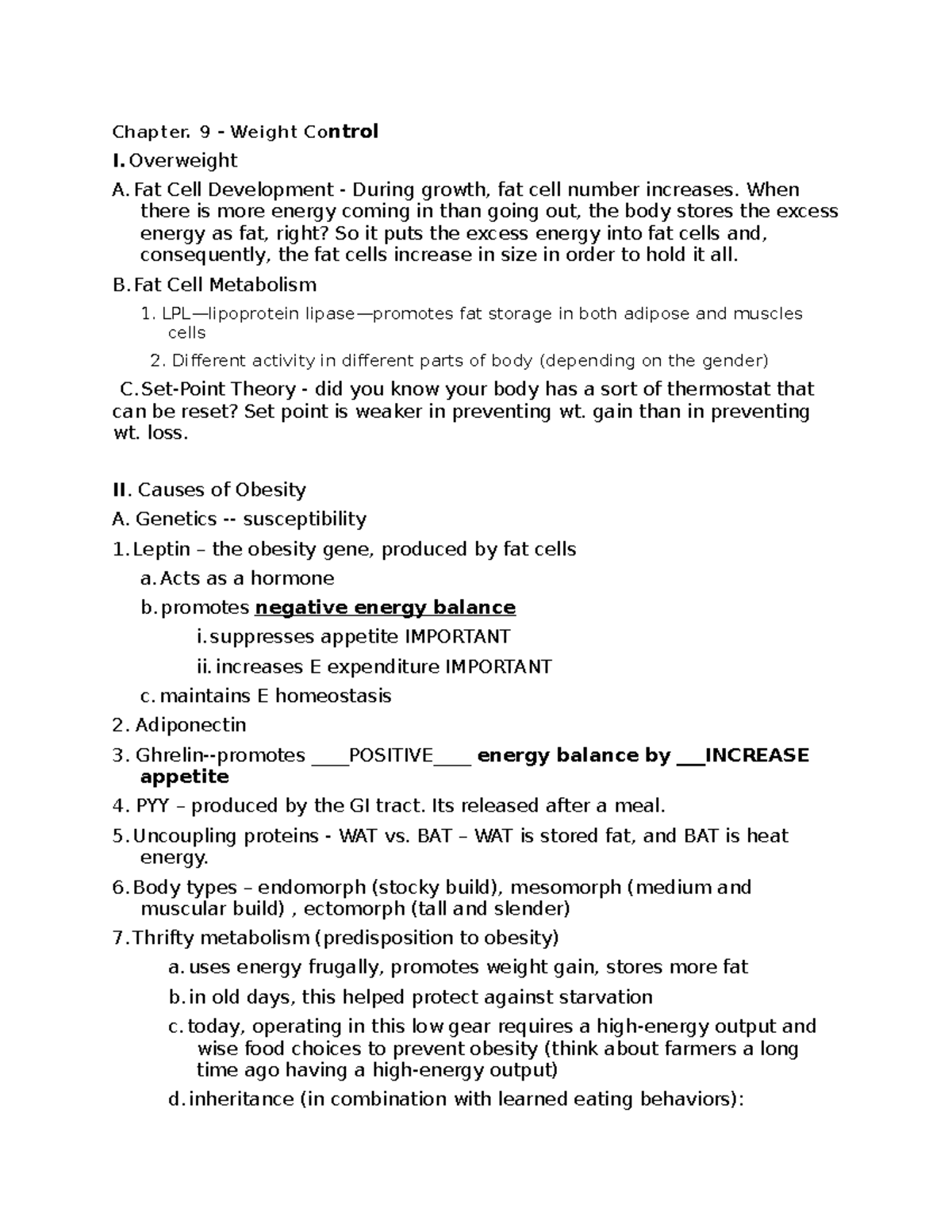 Chapter 9 Outline Finished - Chapter. 9 - Weight Control I. Overweight ...