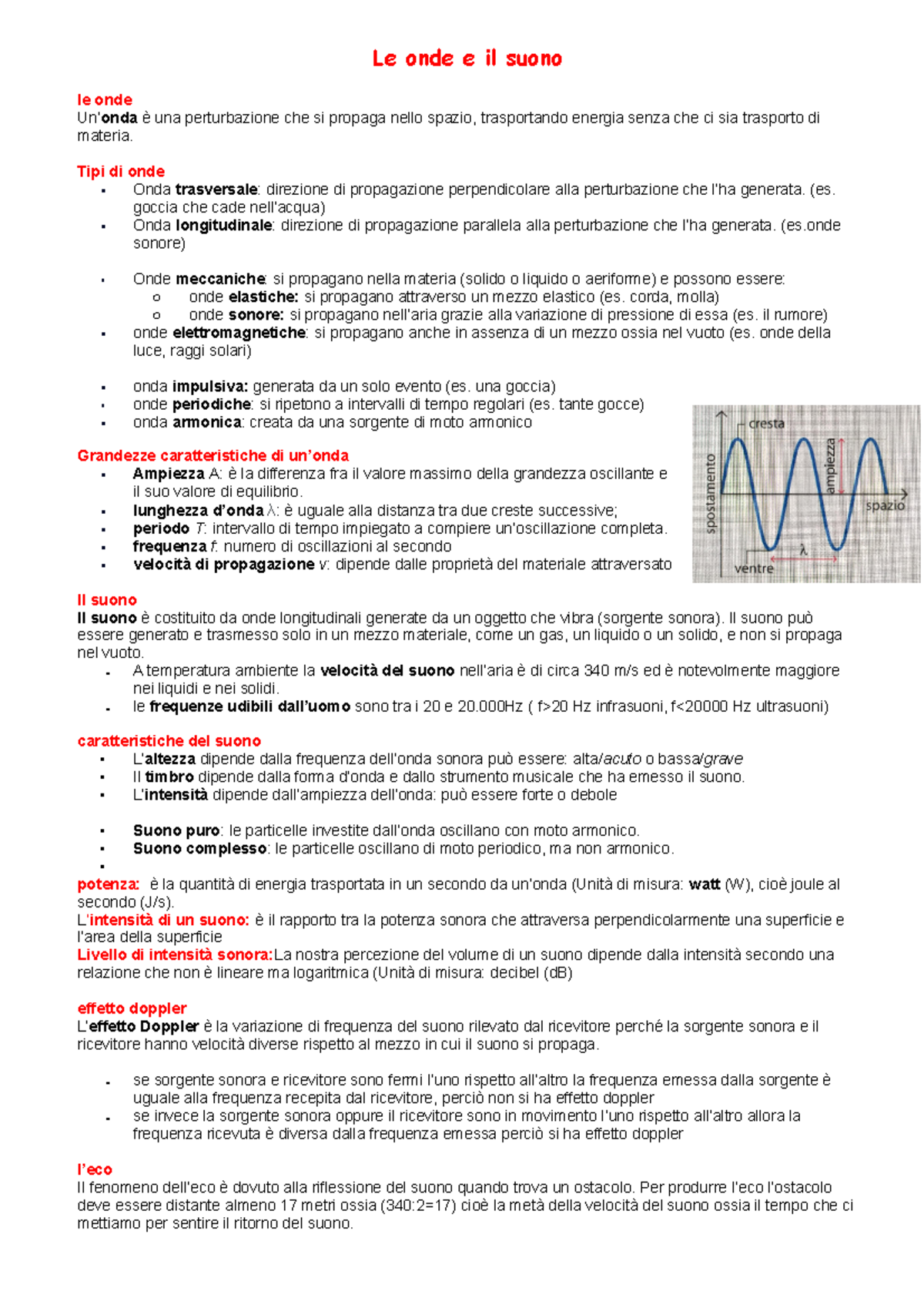 Fisica esami - Appunti per esame - Le onde e il suono le onde Un’onda è ...