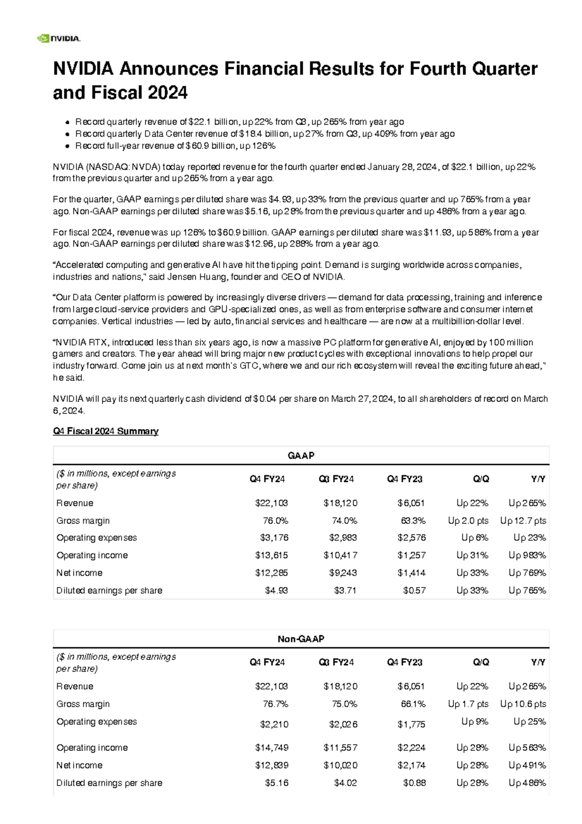 Nvidiaan - NVIDIA Announces Financial Results for Fourth Quarter and ...