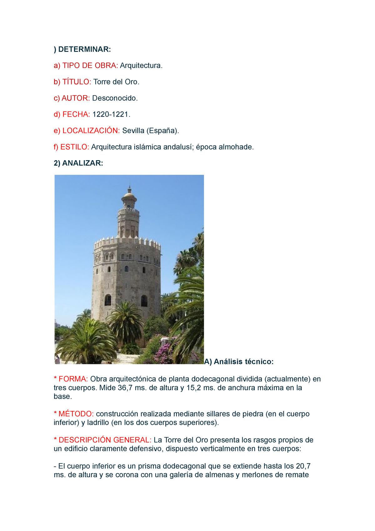 Comentario torre del oro - ) DETERMINAR: a) TIPO DE OBRA: Arquitectura. b)  TÍTULO: Torre del Oro. c) - Studocu
