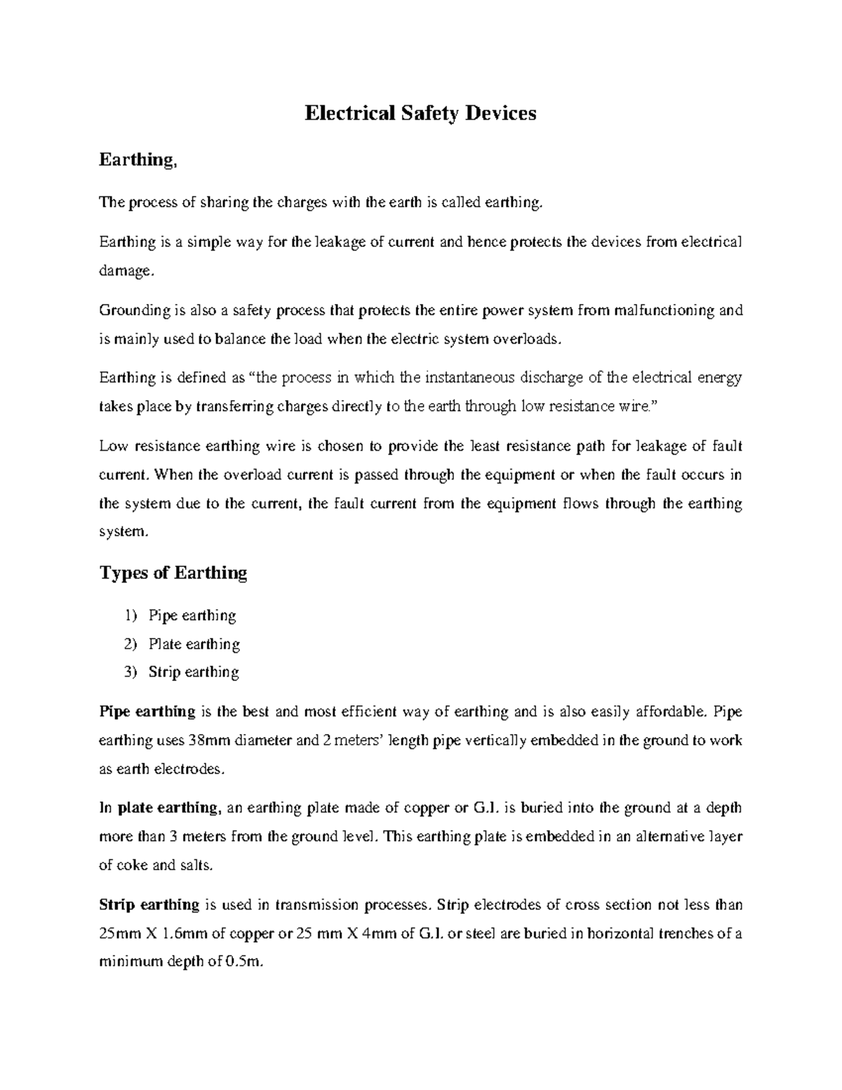 Electrical Safety Devices Electrical Safety Devices Earthing, The