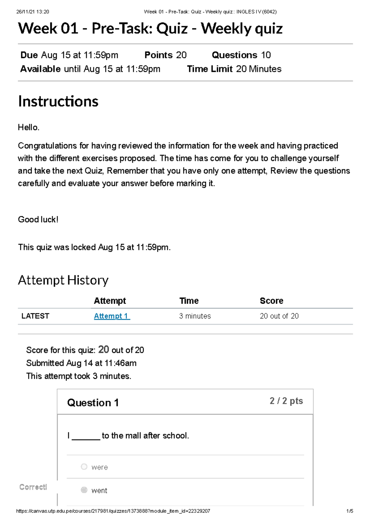 Week 01 - Pre-Task Quiz - Weekly Quiz Ingles IV (6042) - Week 01 - Pre ...