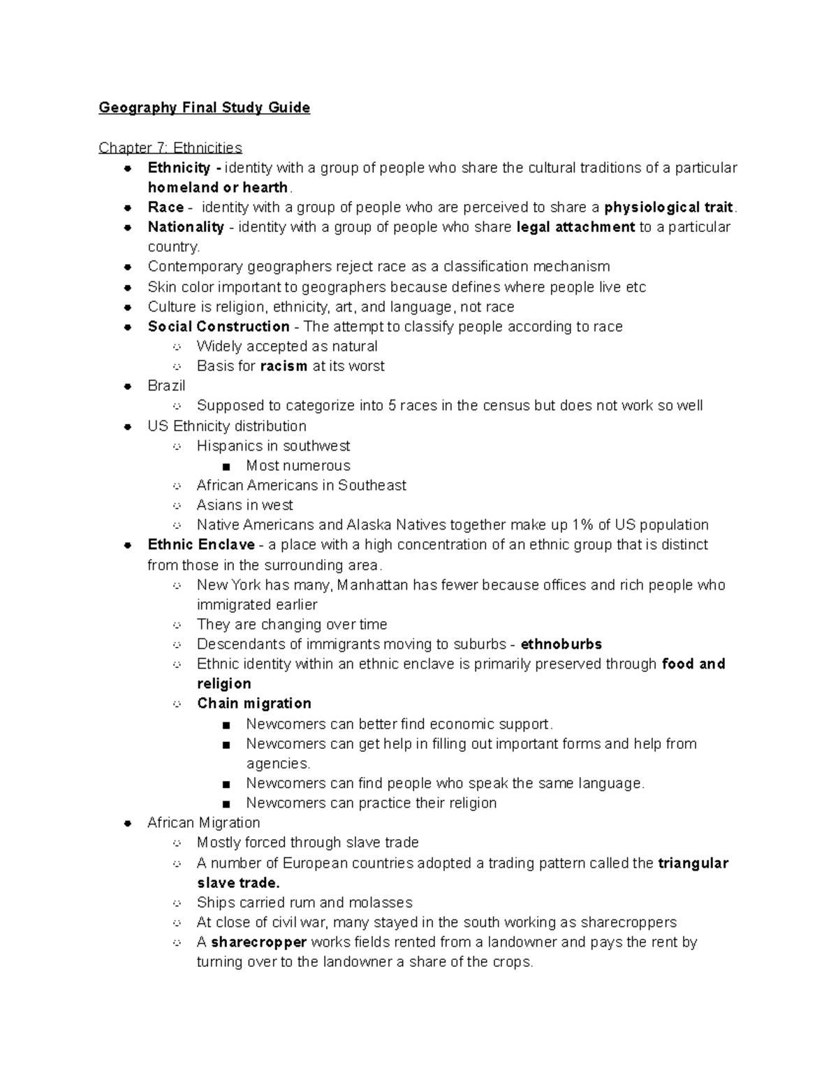 Final Study Guide Geography Final Study Guide Chapter 7 Ethnicities