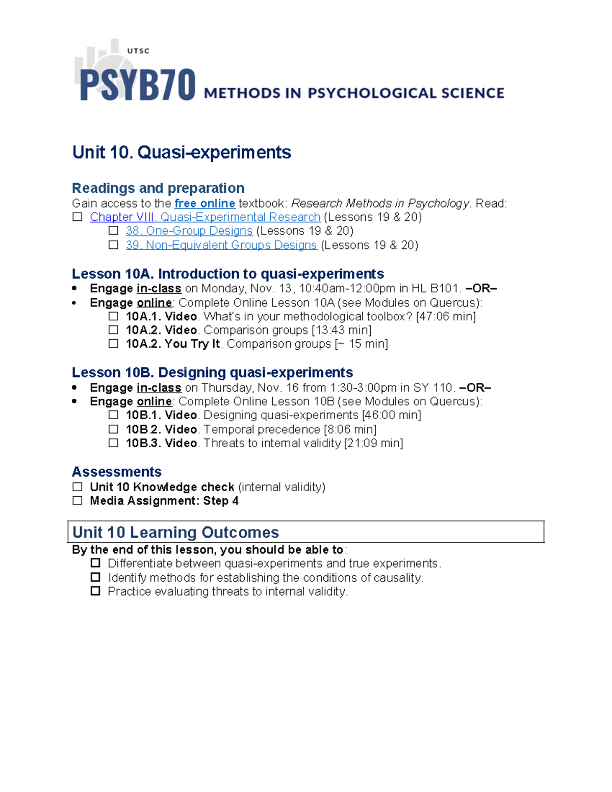 Unit 10 Study Guide - Notes - Unit 10. Quasi-experiments Readings And ...