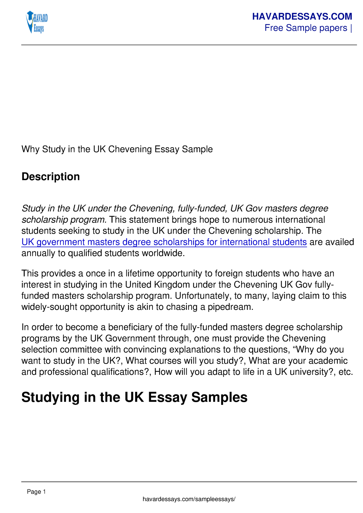 chevening essay on studying in the uk