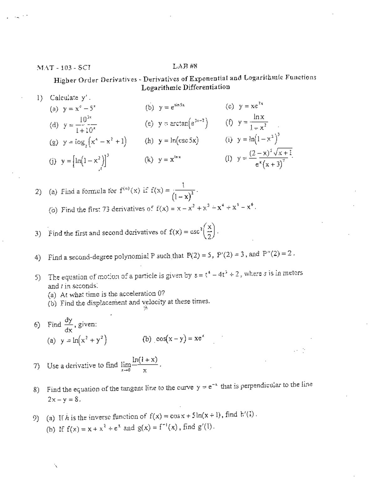 Lab High Order Derivatives Derivatives Of Exponential And Logarithmic Functions Logarithmic