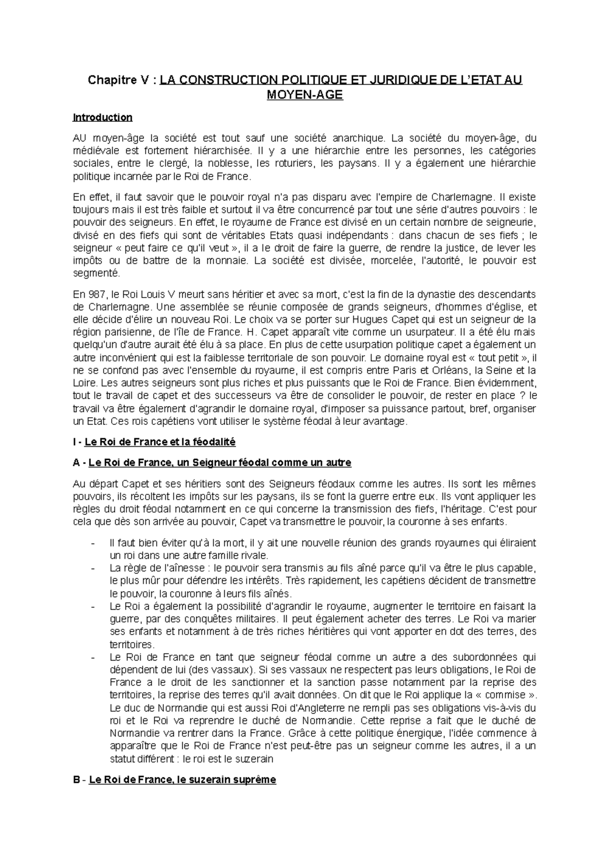 Introduction historique du droit Chapitre V LA CONSTRUCTION POLITIQUE ET JURIDIQUE DE L’ETAT