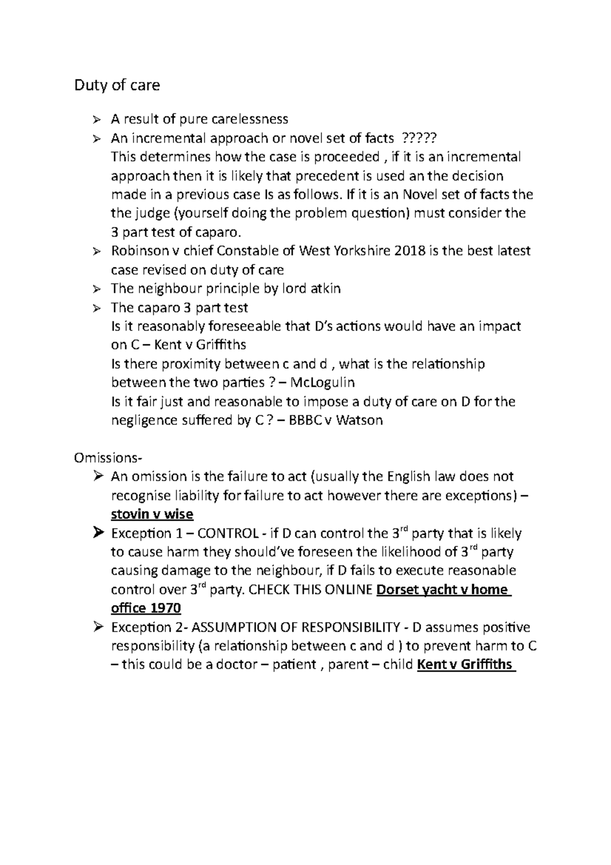 Revision sheet tort law - Duty of care A result of pure carelessness An ...