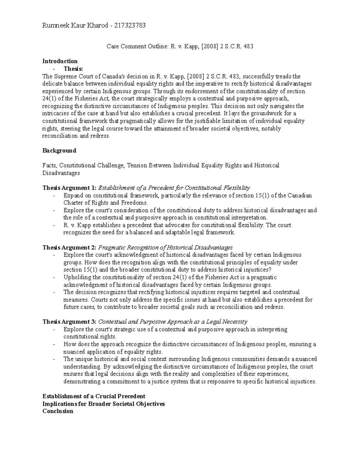 Case Comment Outline R V. KAPP Rumneek Kaur Kharod 217323783 Case