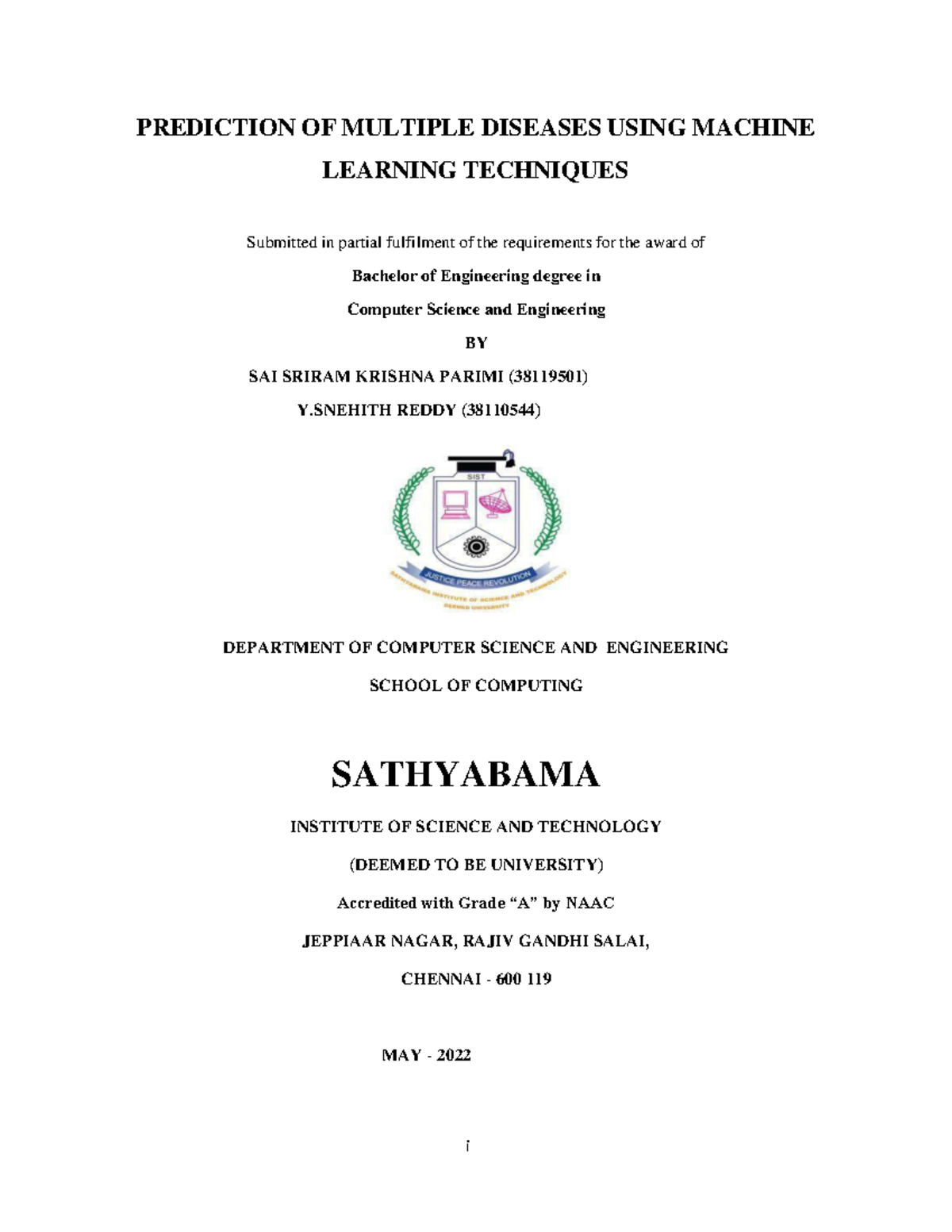 Report 1 - i PREDICTION OF MULTIPLE DISEASES USING MACHINE LEARNING ...