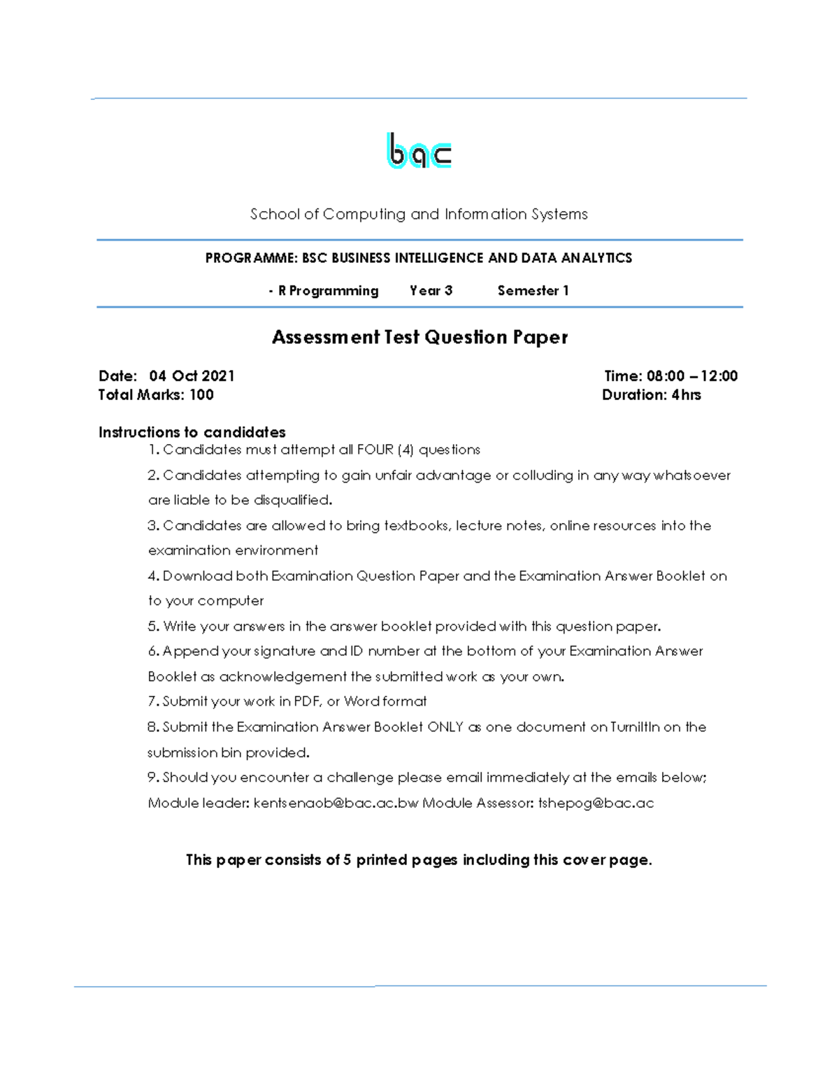 R Programming- Assessment Test - School of Computing and Information ...