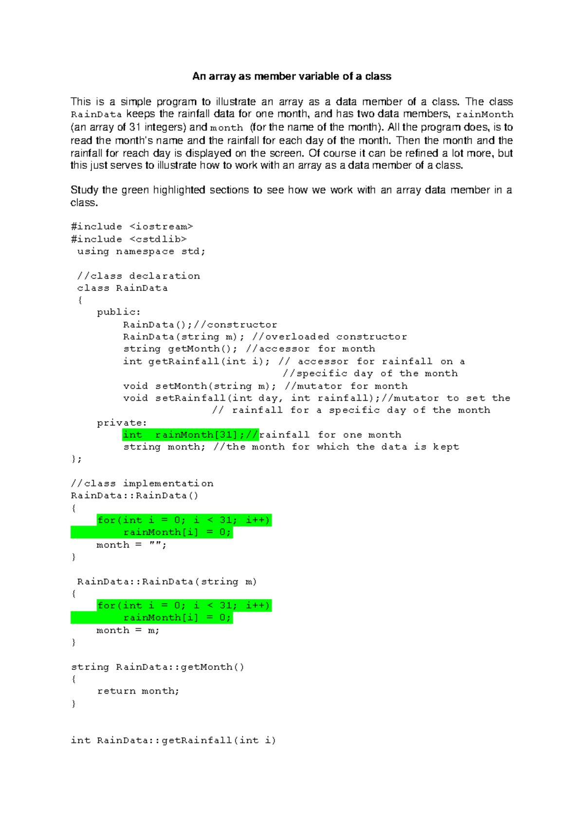 An array as member variable of a class - The class RainData keeps the ...