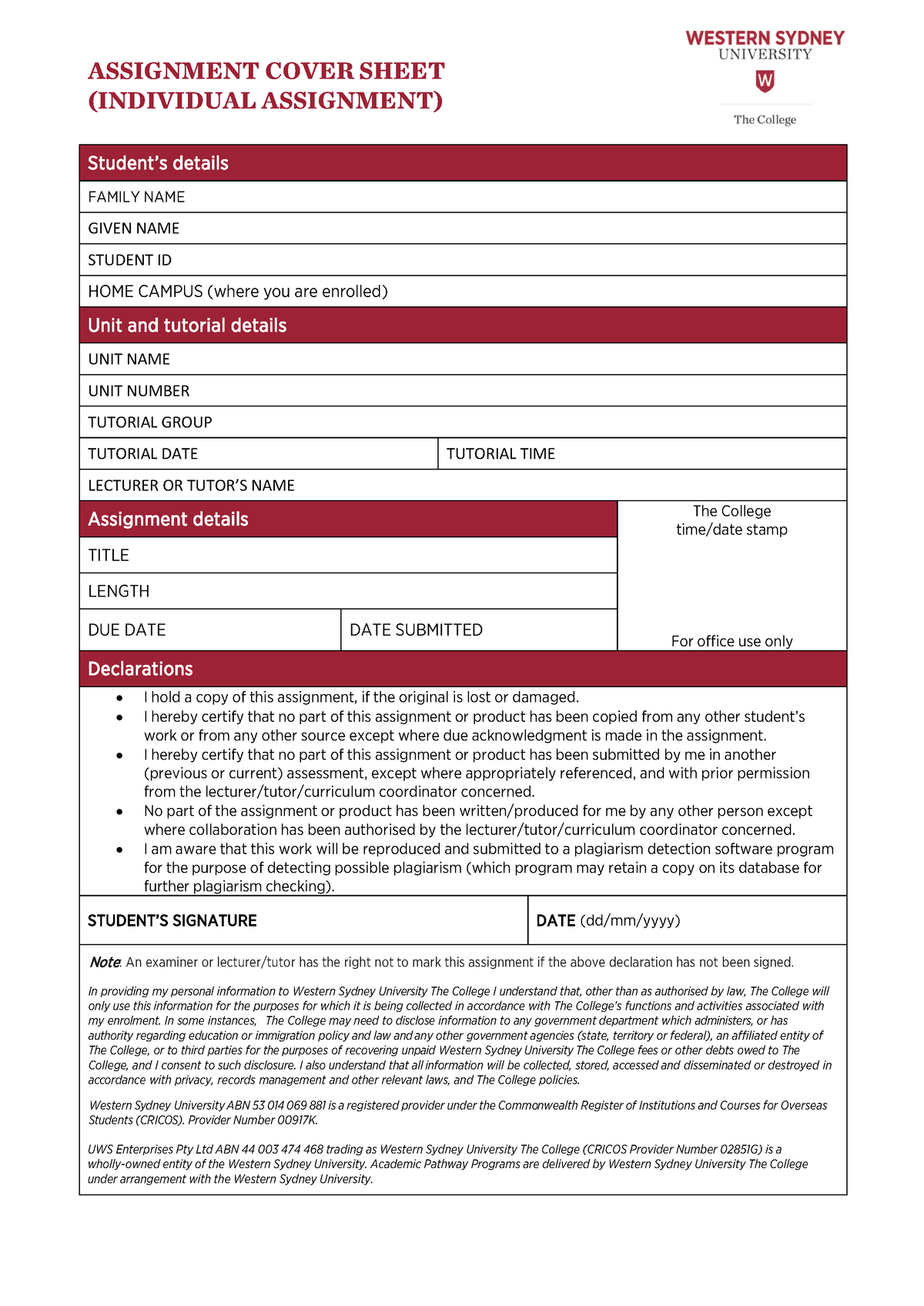 508 The College Assignment Cover Sheet Individual colour 010816 ...