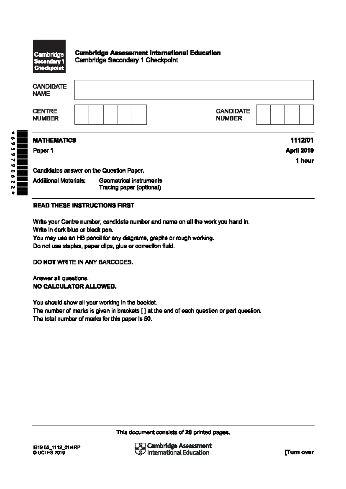 Cambridge Secondary Checkpoint Mathematics 1112 April 2019 Paper 1 ...