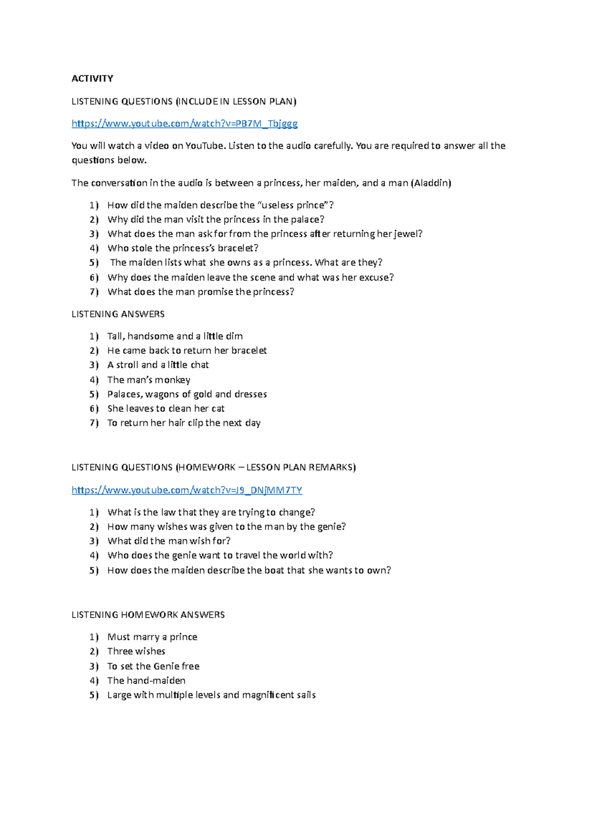 Listening Q A Quality ACTIVITY LISTENING QUESTIONS INCLUDE IN