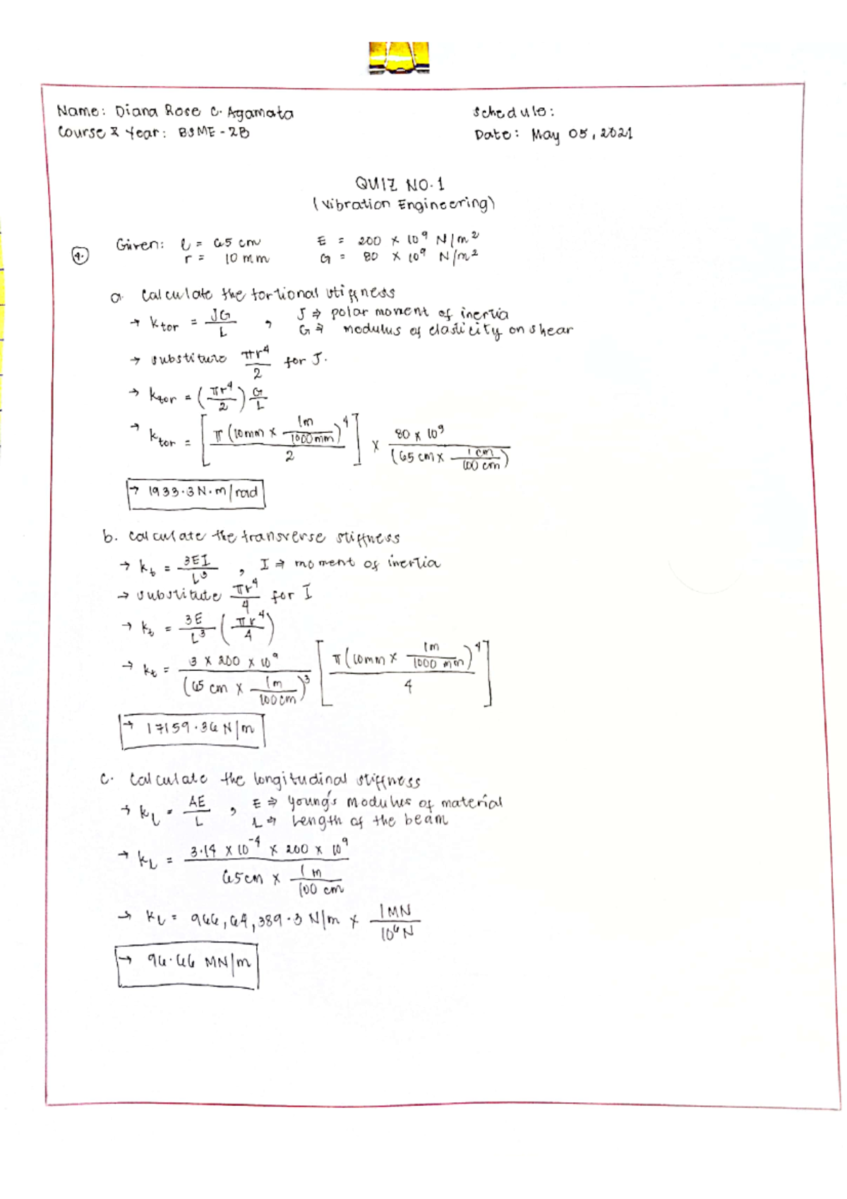 Vibration Q1 Problem Solving Mechanical Engineering NVSU Studocu