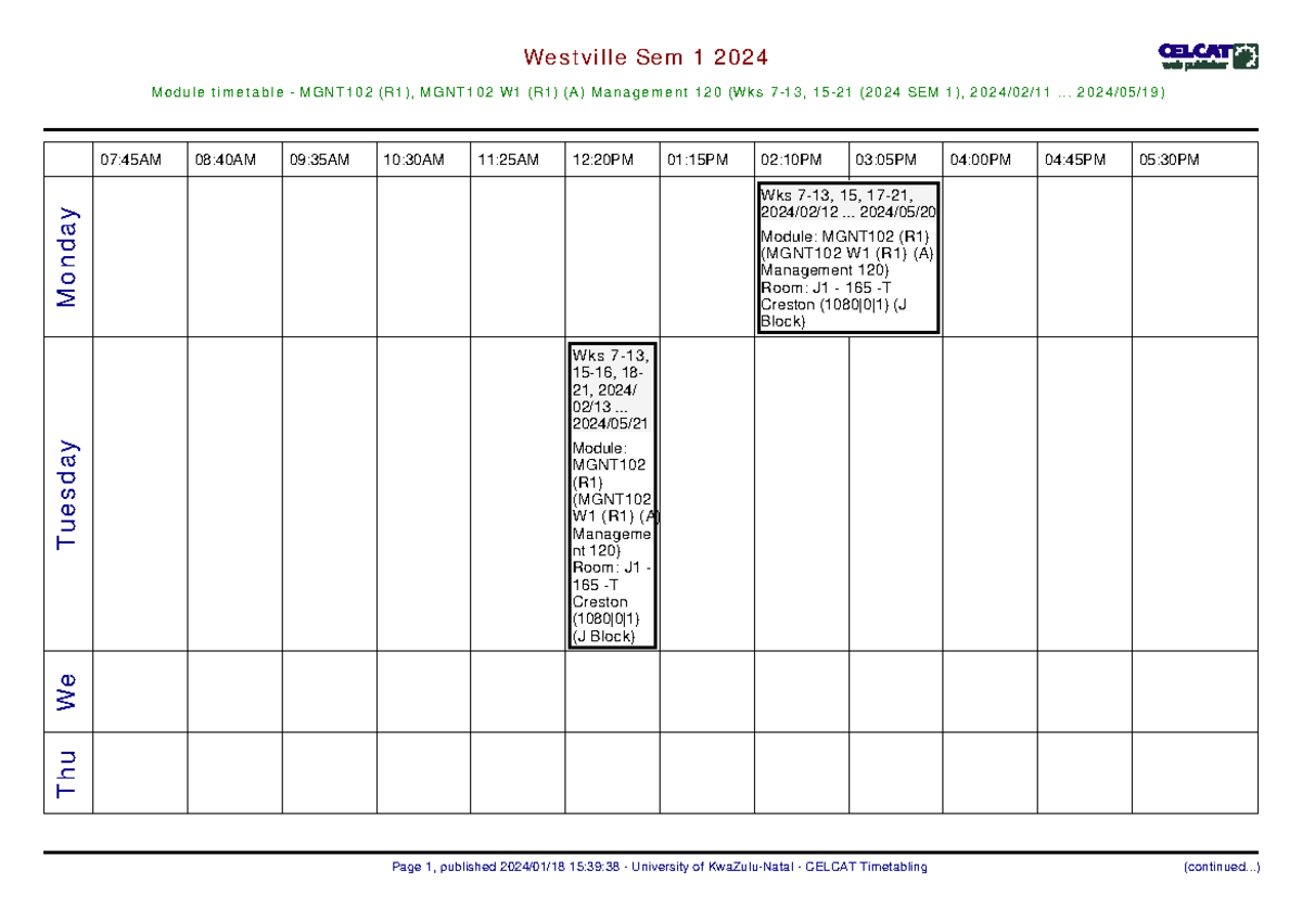 Managemant A - TIMETABLE - Westville Sem 1 2024 Module timetable ...