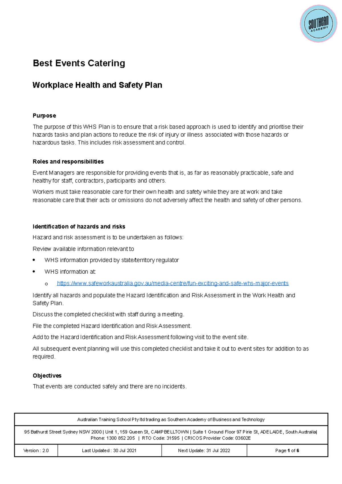 Sitxwhs 002 WHS Plan.v1.0 - Best Events Catering Workplace Health and ...