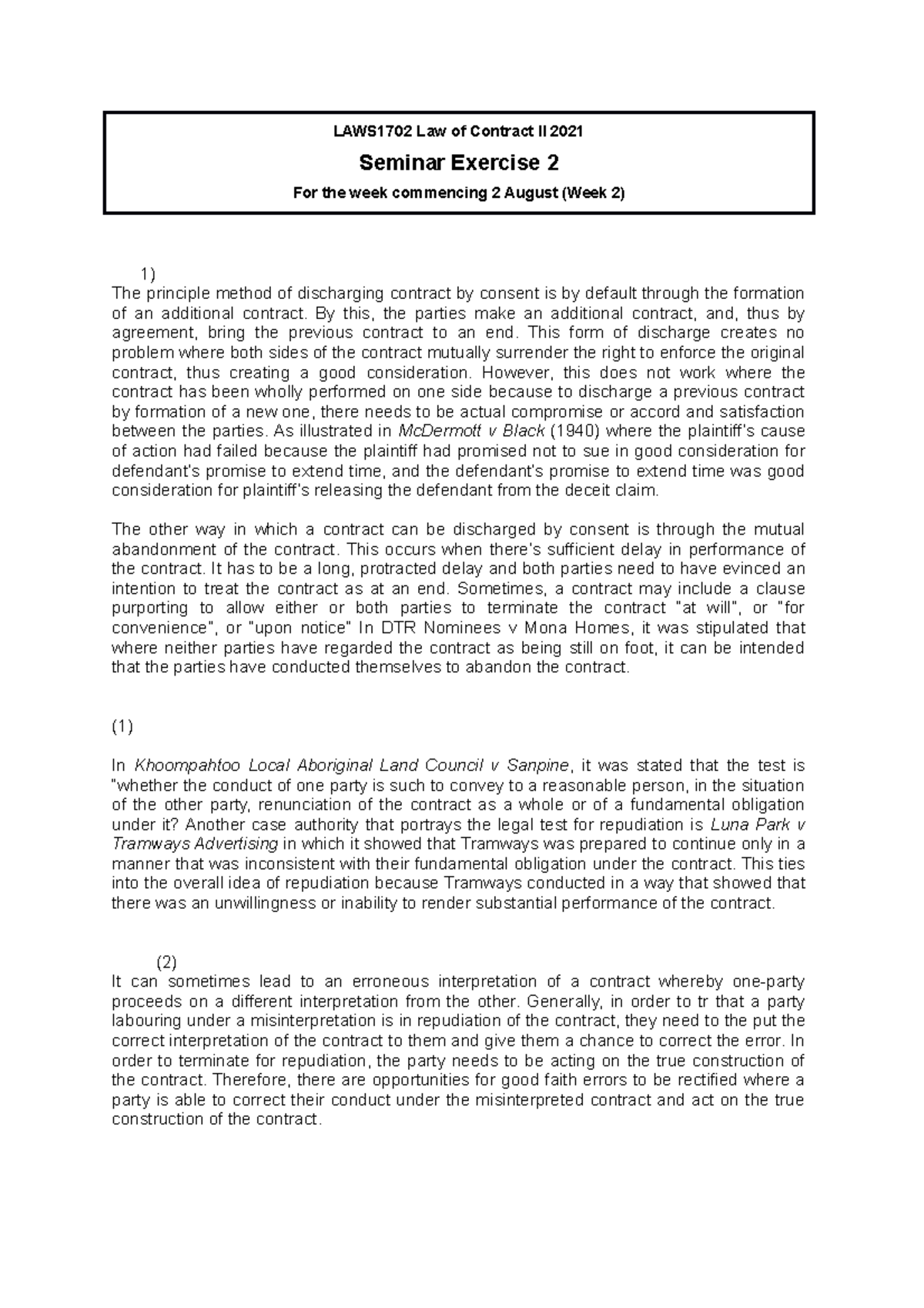 Seminar Exercise 2 - LAWS1702 Law of Contract II 2021 Seminar Exercise ...